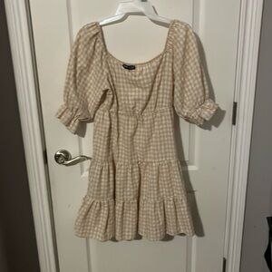 tan and white checkered dress